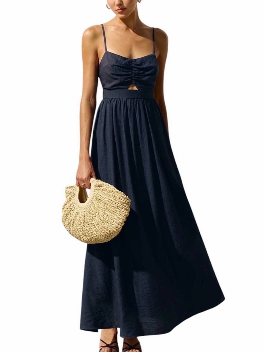 Commense Dark Navy Ruched Bust Cutout Maxi Dress Pockets XS NWT